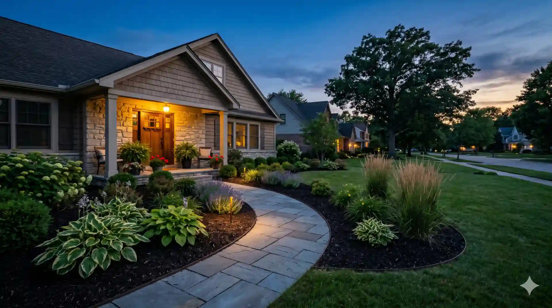 A finished suburban front yard at dusk with mulch beds curving along a stone walkway and a warm porch light glowing.