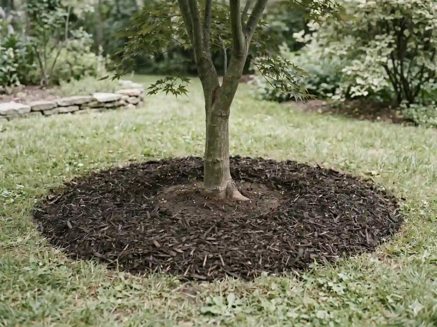 The same maple tree with a flat ring of mulch pulled back 3 inches from the trunk — the correct way to mulch around a tree.