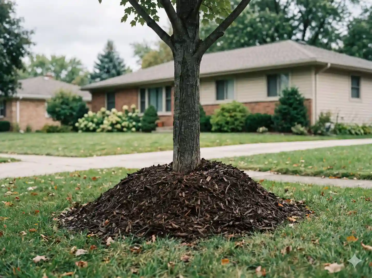 A maple tree with mulch piled in a tall cone shape against its trunk — the 'mulch volcano' mistake.