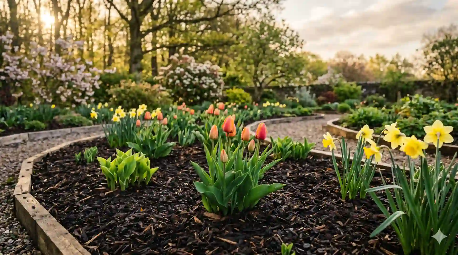 A freshly mulched spring flower bed with tulips and daffodils emerging through dark hardwood mulch at golden hour.