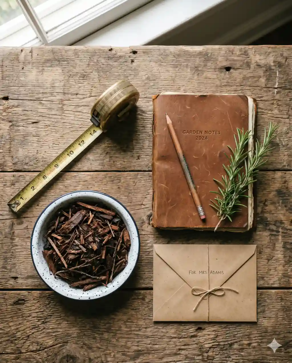 Top-down flat lay of a brass tape measure, a bowl of dark mulch, a leather journal, and a sprig of rosemary on weathered wood.
